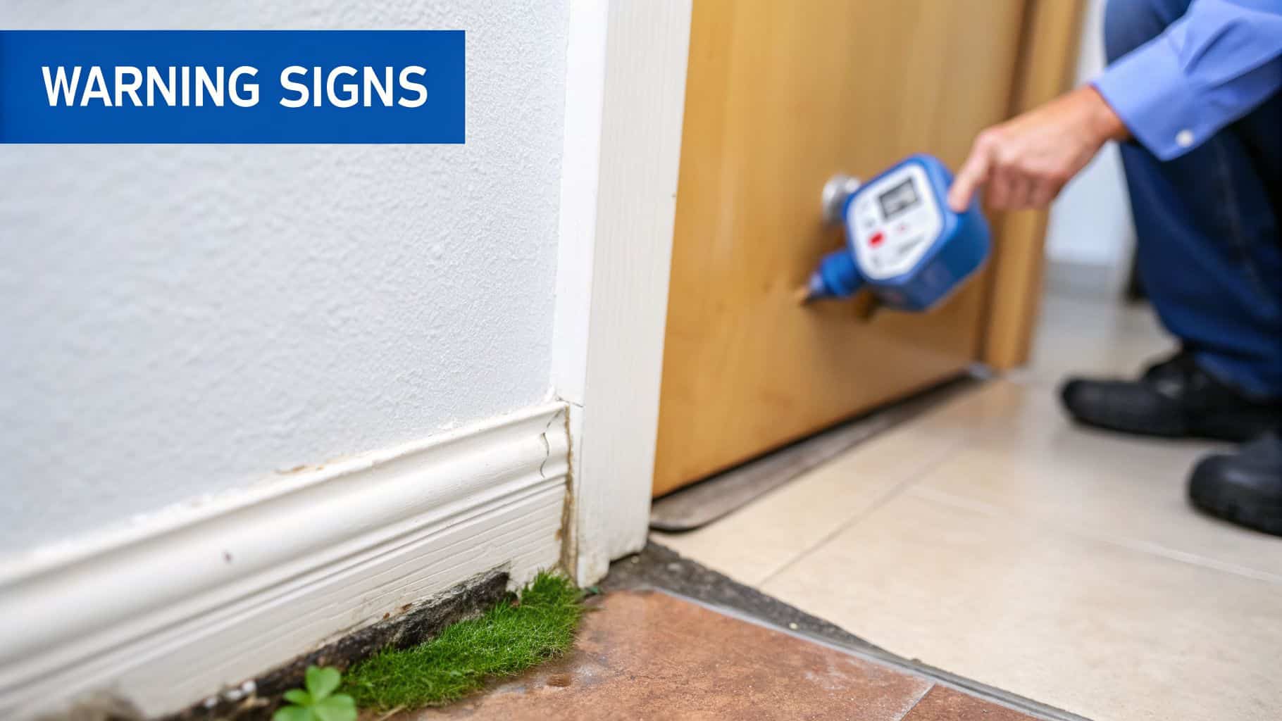 Your Guide To Slab Leak Repair In Las Vegas for 2026 2 A technician uses a moisture meter near a door, with moss growing from a wall baseboard, indicating a water leak.