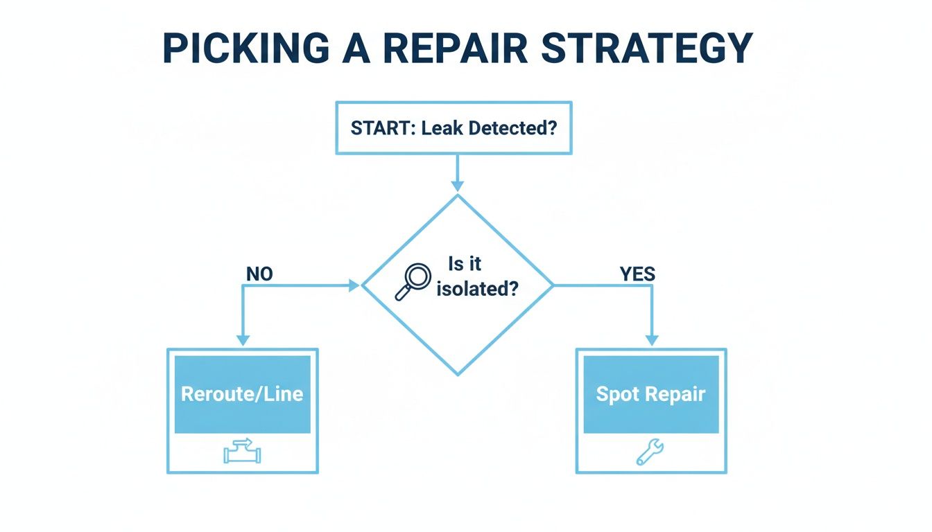 Your Guide To Slab Leak Repair In Las Vegas for 2026 3 A flowchart outlining a leak repair strategy. If a detected leak is isolated, perform a spot repair; otherwise, reroute the line.