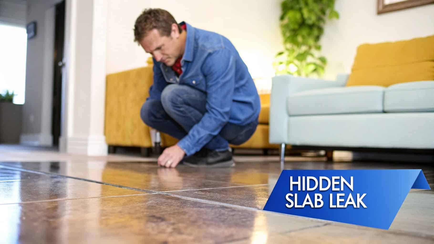 Your Guide To Slab Leak Repair In Las Vegas for 2026 1 A man in blue clothing crouches to inspect a wet spot on a tiled floor for a hidden slab leak.